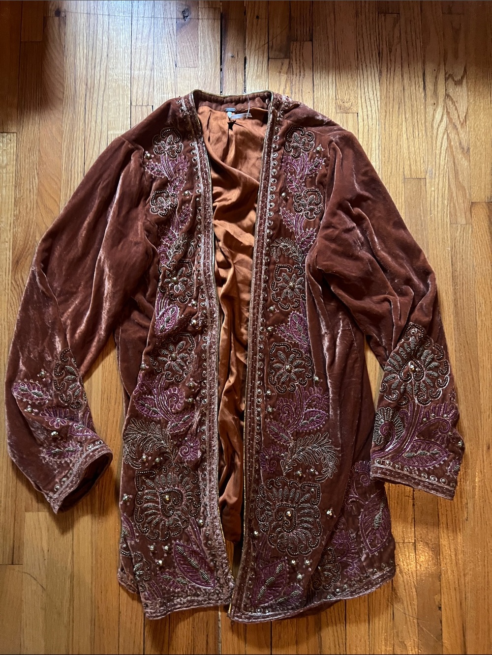 Free People Terracotta Velvet Embellished Open Jacket